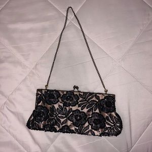 Beaded, lace black and pink clutch/handbag
